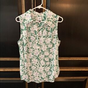 CAbi White and Green Floral Sleeveless Blouse